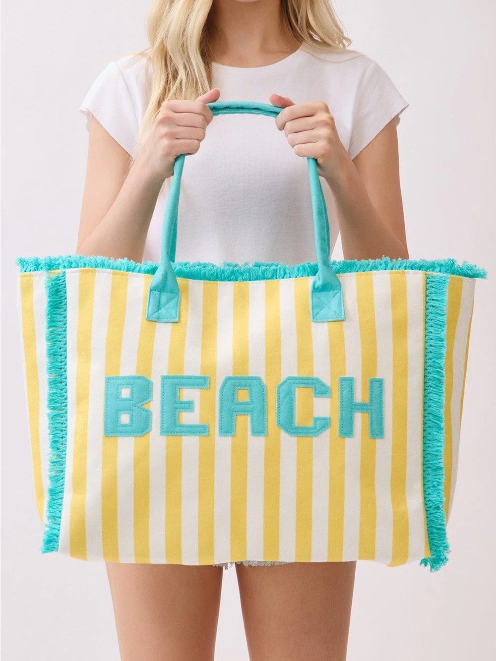 Women’s Yellow Stripe 'BEACH' Tote Bag with Turquoise Trim